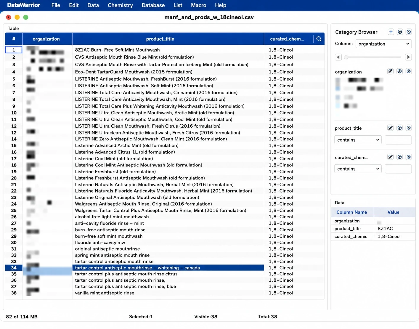 DataWarrior table of organizations and products using 1,8-cineol